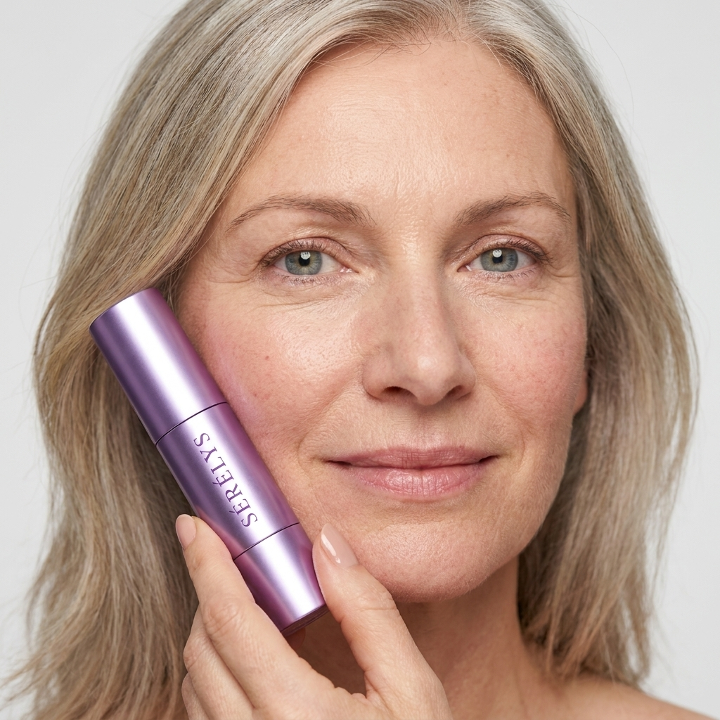 Femme de 50 ans tenant le stick Sérélys Teint Sublime contre sa joue